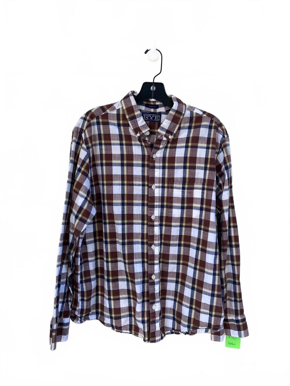 RYE Regular Plaid Button-Up Shirt Brown White Blue Yellow Men's Large Cotton